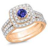 1.50 Carat (ctw) 14K Rose Gold Round Tanzanite & White Diamond Ladies Halo Style Bridal Engagement Ring Matching Band Set 1 1/2 CT
