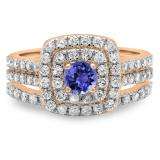 1.50 Carat (ctw) 14K Rose Gold Round Tanzanite & White Diamond Ladies Halo Style Bridal Engagement Ring Matching Band Set 1 1/2 CT