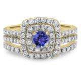 1.50 Carat (ctw) 14K Yellow Gold Round Tanzanite & White Diamond Ladies Halo Style Bridal Engagement Ring Matching Band Set 1 1/2 CT