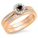 0.50 Carat (ctw) 10K Rose Gold Round Black & White Diamond Ladies Halo Style Bridal Engagement Ring Matching Band Set 1/2 CT