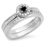 0.50 Carat (ctw) 10K White Gold Round Black & White Diamond Ladies Halo Style Bridal Engagement Ring Matching Band Set 1/2 CT