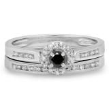 0.50 Carat (ctw) 10K White Gold Round Black & White Diamond Ladies Halo Style Bridal Engagement Ring Matching Band Set 1/2 CT