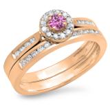 0.50 Carat (ctw) 14K Rose Gold Round Pink Sapphire & White Diamond Ladies Halo Style Bridal Engagement Ring Matching Band Set 1/2 CT