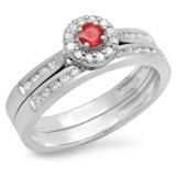0.50 Carat (ctw) 10K White Gold Round Ruby & White Diamond Ladies Halo Style Bridal Engagement Ring Matching Band Set 1/2 CT