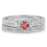 0.50 Carat (ctw) 10K White Gold Round Ruby & White Diamond Ladies Halo Style Bridal Engagement Ring Matching Band Set 1/2 CT