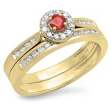 0.50 Carat (ctw) 18K Yellow Gold Round Ruby & White Diamond Ladies Halo Style Bridal Engagement Ring Matching Band Set 1/2 CT