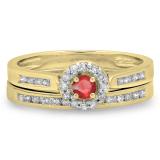 0.50 Carat (ctw) 18K Yellow Gold Round Ruby & White Diamond Ladies Halo Style Bridal Engagement Ring Matching Band Set 1/2 CT