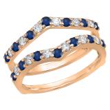0.95 Carat (ctw) 10K Rose Gold Round Blue Sapphire & White Diamond Ladies Anniversary Wedding Band Enhancer Guard Double Ring 1 CT