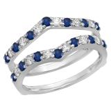 0.95 Carat (ctw) 10K White Gold Round Blue Sapphire & White Diamond Ladies Anniversary Wedding Band Enhancer Guard Double Ring 1 CT