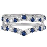 0.95 Carat (ctw) 10K White Gold Round Blue Sapphire & White Diamond Ladies Anniversary Wedding Band Enhancer Guard Double Ring 1 CT