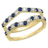 0.95 Carat (ctw) 10K Yellow Gold Round Blue Sapphire & White Diamond Ladies Anniversary Wedding Band Enhancer Guard Double Ring 1 CT