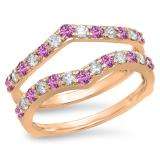 0.95 Carat (ctw) 10K Rose Gold Round Pink Sapphire & White Diamond Ladies Anniversary Wedding Band Enhancer Guard Double Ring 1 CT
