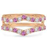 0.95 Carat (ctw) 10K Rose Gold Round Pink Sapphire & White Diamond Ladies Anniversary Wedding Band Enhancer Guard Double Ring 1 CT