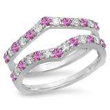 0.95 Carat (ctw) 10K White Gold Round Pink Sapphire & White Diamond Ladies Anniversary Wedding Band Enhancer Guard Double Ring 1 CT