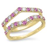 0.95 Carat (ctw) 10K Yellow Gold Round Pink Sapphire & White Diamond Ladies Anniversary Wedding Band Enhancer Guard Double Ring 1 CT