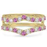0.95 Carat (ctw) 10K Yellow Gold Round Pink Sapphire & White Diamond Ladies Anniversary Wedding Band Enhancer Guard Double Ring 1 CT