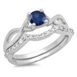 0.80 Carat (ctw) 10K White Gold Round Blue Sapphire & White Diamond Ladies Bridal Split Shank Swirl Engagement Ring Matching Band Set 3/4 CT