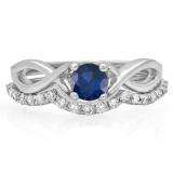 0.80 Carat (ctw) 10K White Gold Round Blue Sapphire & White Diamond Ladies Bridal Split Shank Swirl Engagement Ring Matching Band Set 3/4 CT