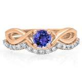 0.80 Carat (ctw) 18K Rose Gold Round Tanzanite & White Diamond Ladies Bridal Split Shank Swirl Engagement Ring Matching Band Set 3/4 CT