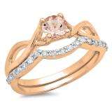 0.80 Carat (ctw) 10K Rose Gold Round Morganite & White Diamond Ladies Bridal Split Shank Swirl Engagement Ring Matching Band Set 3/4 CT