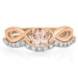 0.80 Carat (ctw) 10K Rose Gold Round Morganite & White Diamond Ladies Bridal Split Shank Swirl Engagement Ring Matching Band Set 3/4 CT