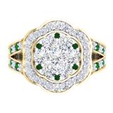 2.00 Carat (ctw) 18K Yellow Gold Round Cut Emerald & White Diamond Ladies Cluster Flower Engagement Ring 2 CT