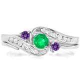 0.50 Carat (ctw) 14k White Gold Round Green Emerald And Amethyst And White Diamond Ladies Swirl Bridal Engagement Ring Matching Band Set 1/2 CT