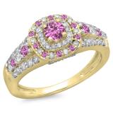 1.00 Carat (ctw) 14K Yellow Gold Round Cut Pink Sapphire & White Diamond Ladies Vintage Style Bridal Halo Engagement Ring 1 CT