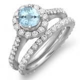 1.75 Carat (ctw) 10K White Gold Round Cut Aquamarine & White Diamond Ladies Halo Style Bridal Engagement Ring Matching Band Set 1 3/4 CT
