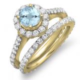 1.75 Carat (ctw) 10K Yellow Gold Round Cut Aquamarine & White Diamond Ladies Halo Style Bridal Engagement Ring Matching Band Set 1 3/4 CT