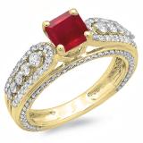 1.75 Carat (ctw) 14K Yellow Gold Princess Cut Ruby & Round Diamond Ladies Vintage Style Solitaire With Accents Bridal Engagement Ring 1 3/4 CT