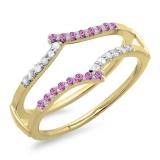 0.25 Carat (ctw) 14K Yellow Gold Round Pink Sapphire & White Diamond Ladies Anniversary Wedding Band Guard Double Ring 1/4 CT