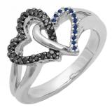 0.25 Carat (ctw) Sterling Silver Round Blue Sapphire & Black Diamond Ladies Split Shank Tangled Double Heart Love Promise Ring 1/4 CT