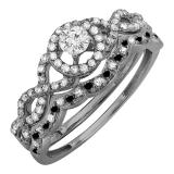 0.60 Carat (ctw) Black Rhodium Plated 14K White Gold Round Black & White Diamond Ladies Halo Style Bridal Engagement Ring Matching Band Set