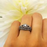 0.60 Carat (ctw) Black Rhodium Plated 14K White Gold Round Black & White Diamond Ladies Halo Style Bridal Engagement Ring Matching Band Set