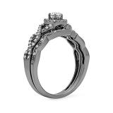 0.60 Carat (ctw) Black Rhodium Plated 14K White Gold Round Black & White Diamond Ladies Halo Style Bridal Engagement Ring Matching Band Set