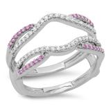 0.35 Carat (ctw) 14K White Gold Round Cut White Diamond & Pink Sapphire Ladies Anniversary Wedding Band Split Shank Enhancer Guard Double Ring 1/3 CT