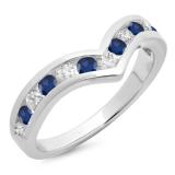 0.60 Carat (ctw) 14K White Gold Round Blue Sapphire & White Diamond Wedding Stackable Band Anniversary Guard Chevron Ring
