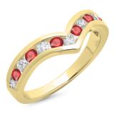 0.60 Carat (ctw) 18K Yellow Gold Round Ruby & White Diamond Wedding Stackable Band Anniversary Guard Chevron Ring