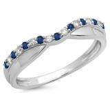 0.25 Carat (ctw) 10K White Gold Round Cut Blue Sapphire & White Diamond Ladies Anniversary Wedding Stackable Contour Guard Band 1/4 CT