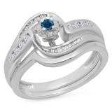 0.30 Carat (ctw) 10K White Gold Round & Baguette Cut Blue & White Diamond Ladies Bypass Twisted Style Bridal Engagement Ring With Matching Band Set 1/3 CT