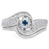 0.30 Carat (ctw) 10K White Gold Round & Baguette Cut Blue & White Diamond Ladies Bypass Twisted Style Bridal Engagement Ring With Matching Band Set 1/3 CT
