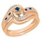 0.30 Carat (ctw) 10K Rose Gold Round & Baguette Cut Blue & White Diamond Ladies Bypass Twisted Style Bridal Engagement Ring With Matching Band Set 1/3 CT