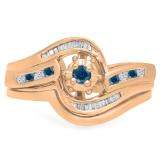 0.30 Carat (ctw) 10K Rose Gold Round & Baguette Cut Blue & White Diamond Ladies Bypass Twisted Style Bridal Engagement Ring With Matching Band Set 1/3 CT