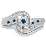 0.30 Carat (ctw) 10K White Gold Round & Baguette Cut Blue & White Diamond Ladies Bypass Twisted Style Bridal Engagement Ring With Matching Band Set 1/3 CT