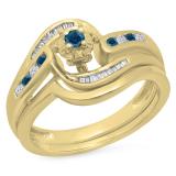 0.30 Carat (ctw) 10K Yellow Gold Round & Baguette Cut Blue & White Diamond Ladies Bypass Twisted Style Bridal Engagement Ring With Matching Band Set 1/3 CT