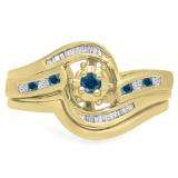 0.30 Carat (ctw) 10K Yellow Gold Round & Baguette Cut Blue & White Diamond Ladies Bypass Twisted Style Bridal Engagement Ring With Matching Band Set 1/3 CT