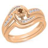 0.30 Carat (ctw) 10K Rose Gold Round & Baguette Cut Champagne & White Diamond Ladies Bypass Twisted Style Bridal Engagement Ring With Matching Band Set 1/3 CT