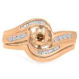 0.30 Carat (ctw) 10K Rose Gold Round & Baguette Cut Champagne & White Diamond Ladies Bypass Twisted Style Bridal Engagement Ring With Matching Band Set 1/3 CT