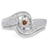 0.30 Carat (ctw) 10K White Gold Round & Baguette Cut Champagne & White Diamond Ladies Bypass Twisted Style Bridal Engagement Ring With Matching Band Set 1/3 CT
